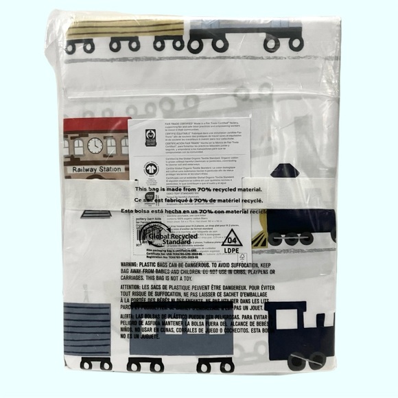 Pottery Barn Kids Train Railroad Full Sheet Set Organic Cotton 4 Piece Boys NIP - Picture 2 of 4
